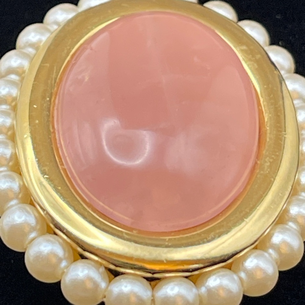 Vintage Napier Rose Quartz Faux Pearl Gold Tone Oval Brooch Tea Rose - Picture 5 of 14